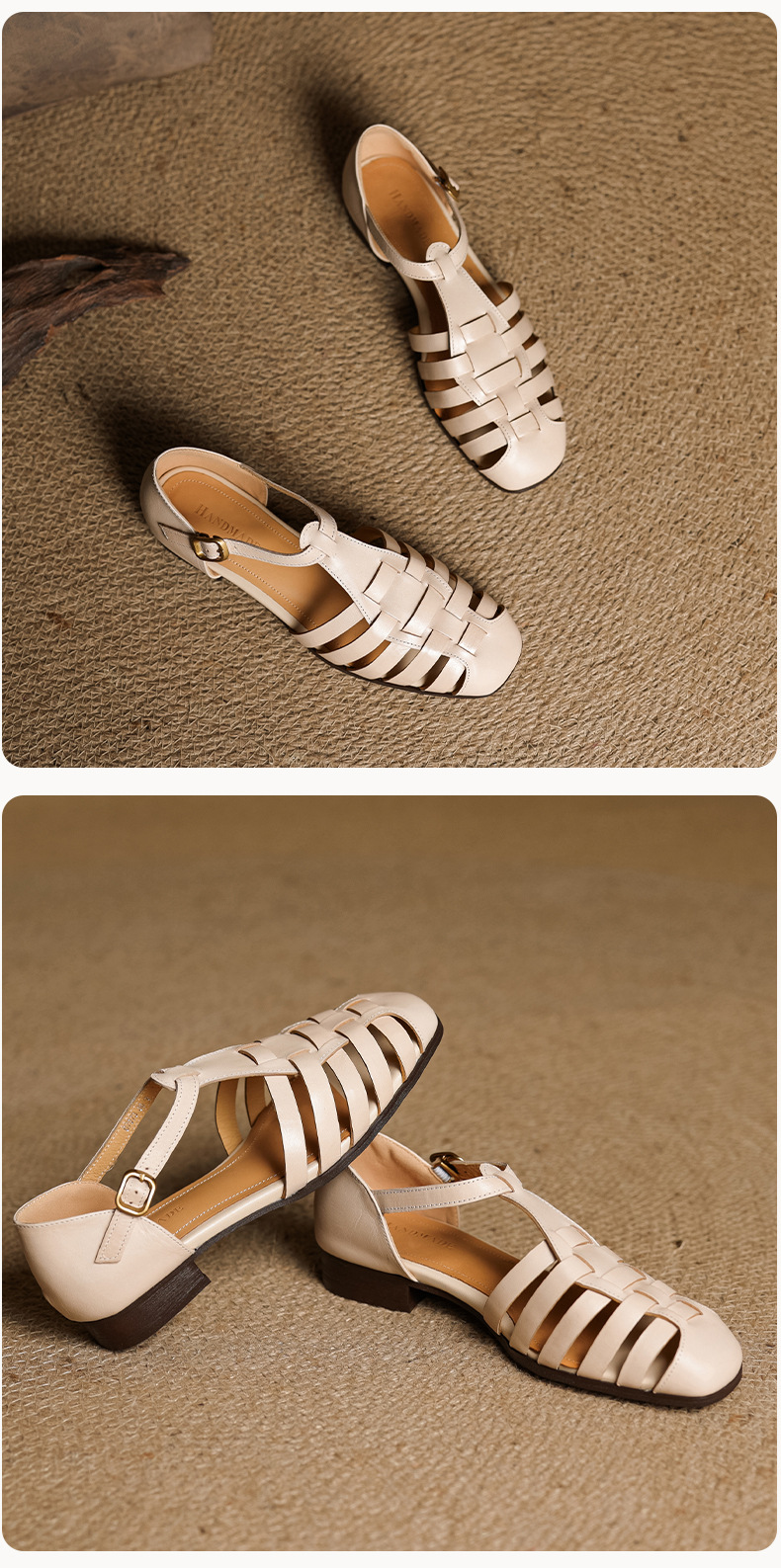 Sandal nữ da bò dệt rỗng quai chữ T phong cách Anh, mũi tròn đế bệt La Mã — màu nâu chi tiết 20