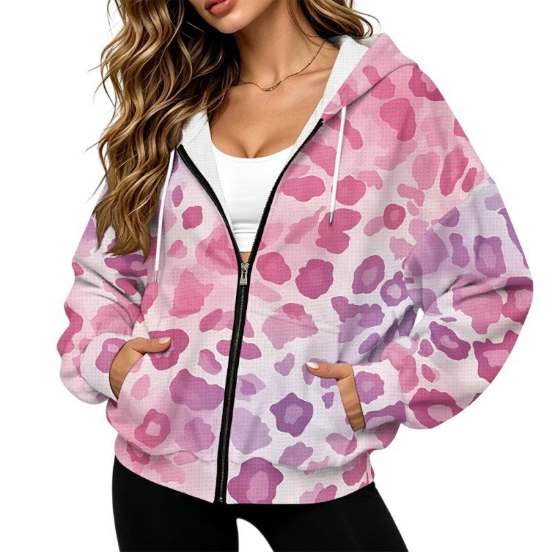 Waffle knit women's drop-shoulder zip-up sweatshirt with cow print floral pattern, loose-fitting hooded jacket, available for drop shipping and custom orders