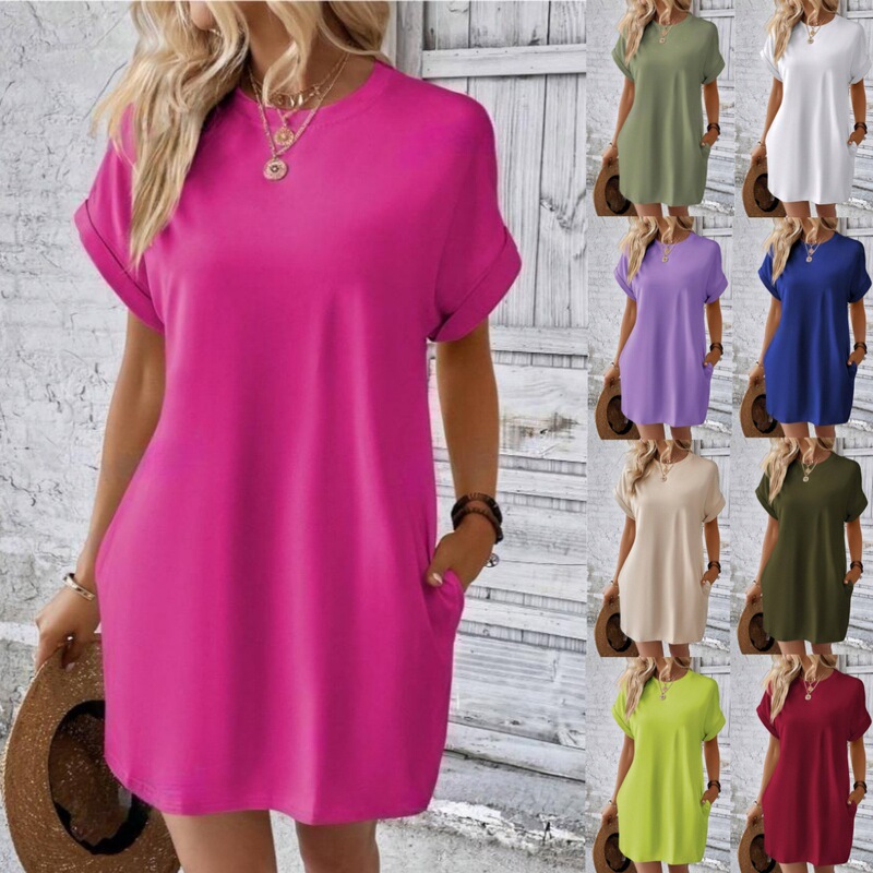 Amazon 2024 European and American New Casual Solid Color Crewneck Bat Sleeve Invisible Pocket dress Amazon 2024 European and American New Casual Solid Color Crewneck Bat Sleeve Invisible Pocket dress