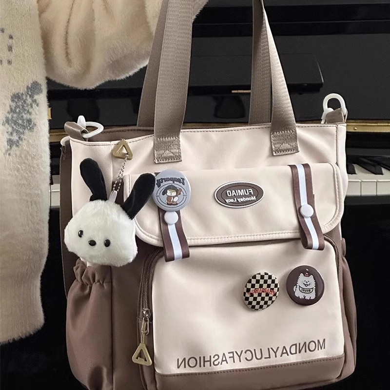 Japanese Ins Contrast Color Student Handbag Tillage Bag Canvas Junior High School Student Large Capacity Class Bag Women's Crossbody Bag