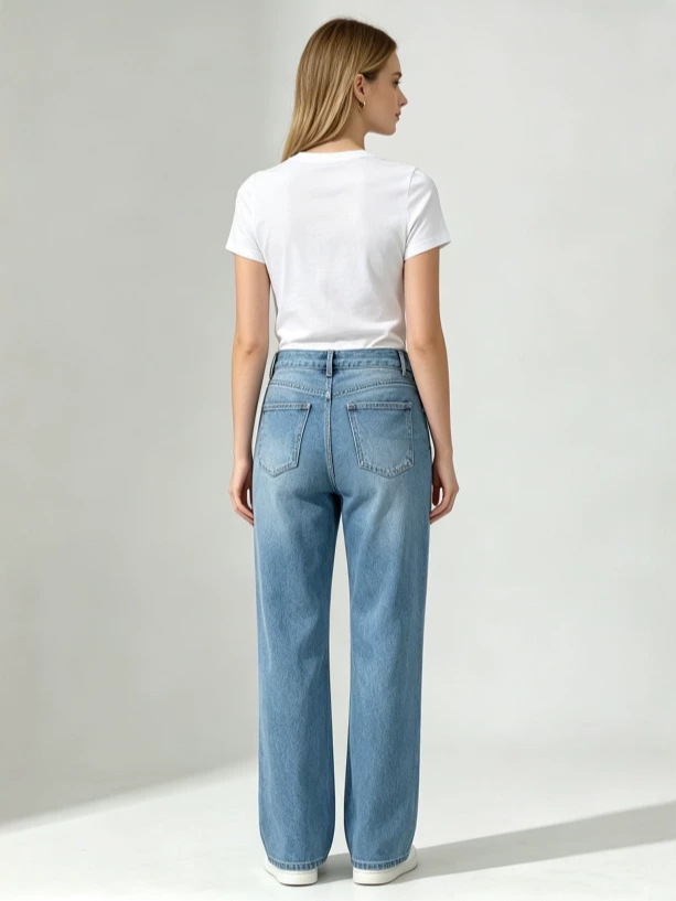 Jeans Rectos para Mujer de Mezclilla de Algodón de Cintura Alta Lavados Sin Elasticidad image 5