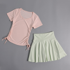 瑜伽服短袖T恤女抽繩收腰顯瘦上衣普拉提訓練服健身衣百褶裙套裝