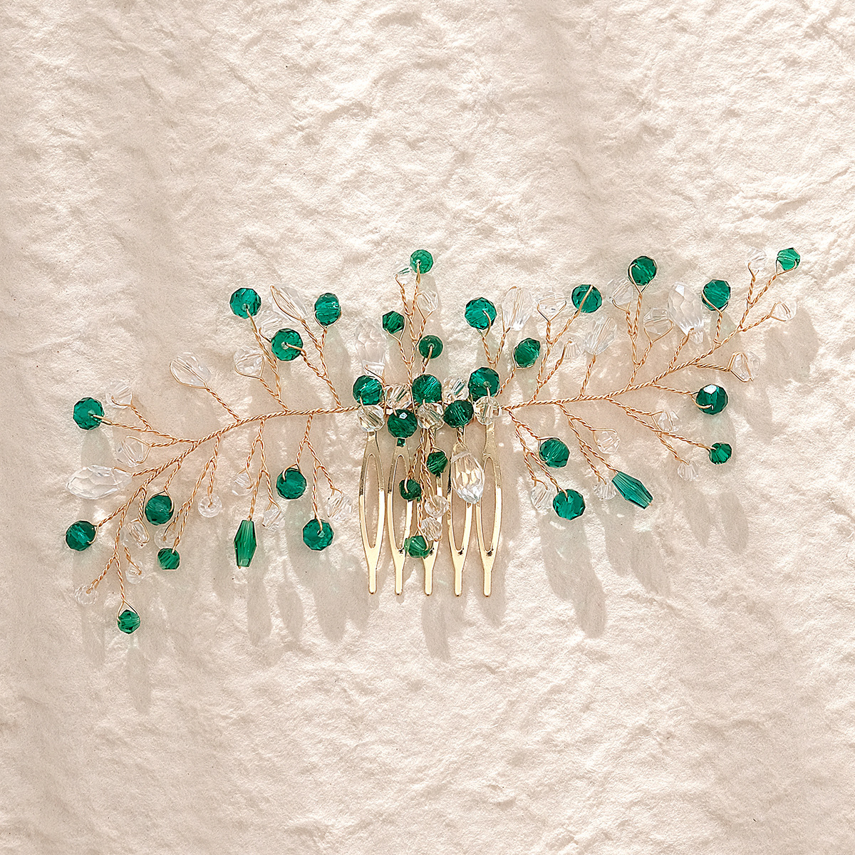 Peine de inserción de diamantes de imitación de aleación retro transfronteriza hoja hecha a mano tocado de cristal verde estilo antiguo Hanfu joyería peine para el cabello nupcial