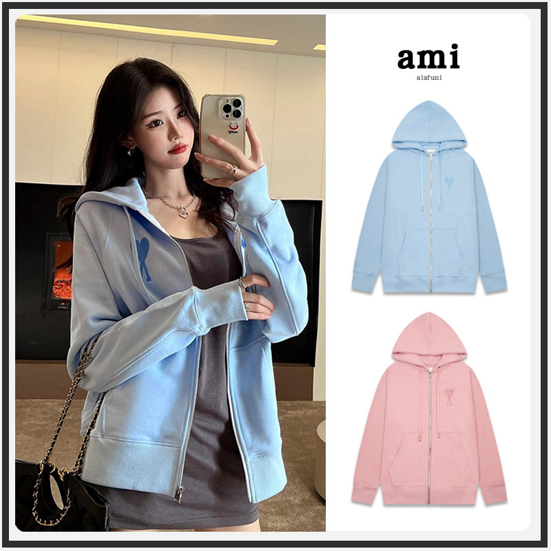 Ami Zipper Hooded 2025 New Sweatshirt Couple Trendy Brand Heart Embroidered Cardigan Sports Top Cardigan Jacket