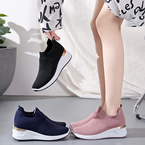 Foreign trade women's shoes  spring new breathable fly-knit mesh shoes women's soft-soled casual sports shoes thick-soled single shoes