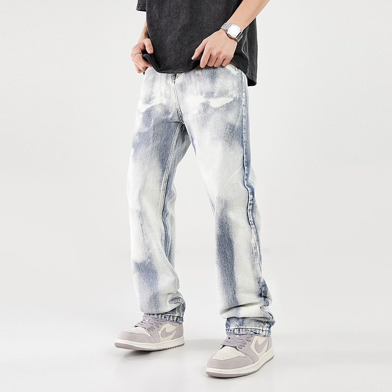 New American Style Retro Straight Loose Washed Tie-Dye Zipper Jeans Casual Trendy Men's and Women's Explosions Wear-resistant
