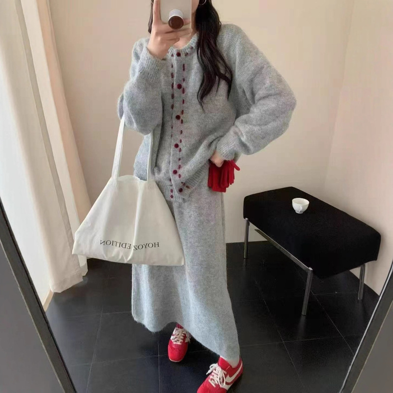 韩系秋冬新款手工穿绳圆领针织开衫针织半身长裙两件套女气质套装|undefined