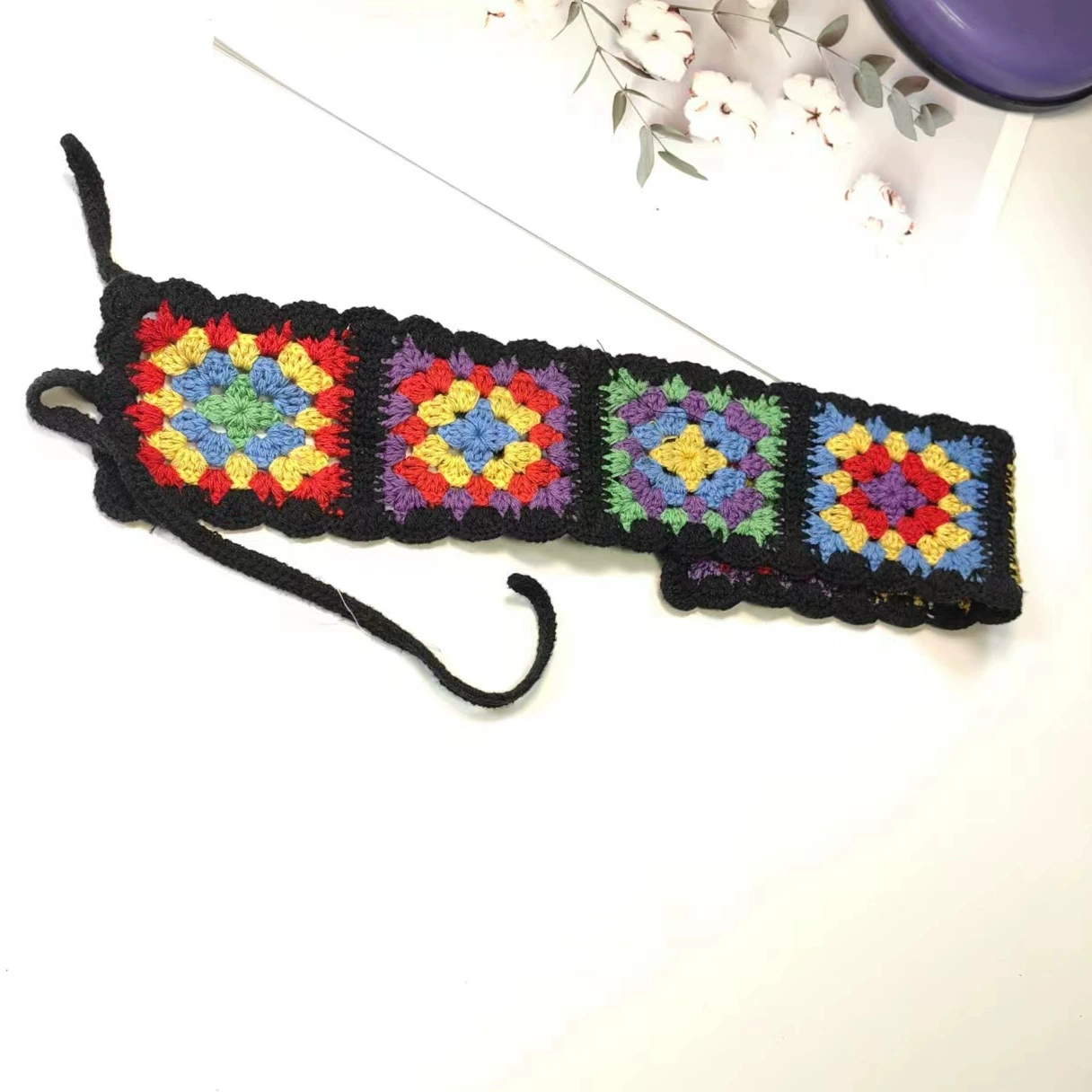 Этническая Crochet повязка на голову, тканое украшение для волос, регулируемая, яркий бохо-стиль