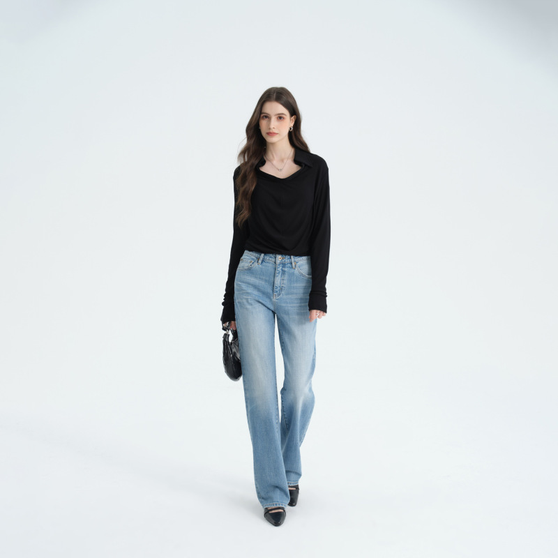Light luxury American-style washed slim-fit straight-leg jeans for women, loose and versatile, elastic high-waisted, slimming, and trendy floor-length pants for commuting