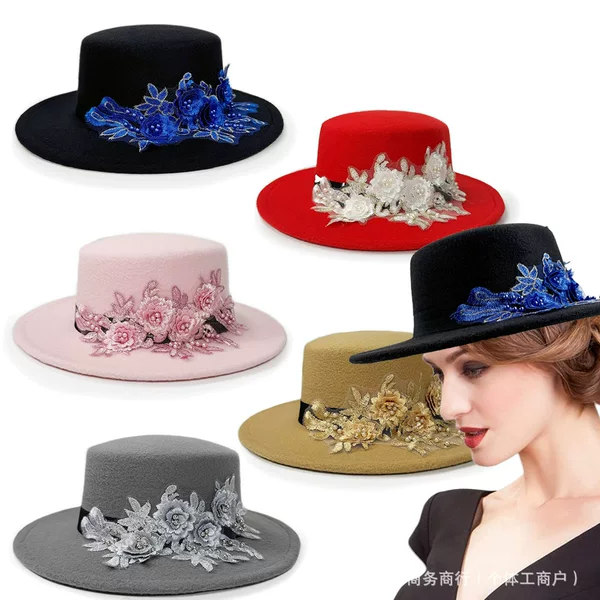 Autumn and Winter New Woolen Flower Hat Lady British Style Flats Imitation Wool Pink Embroidered Bead Flower Jazz Hat