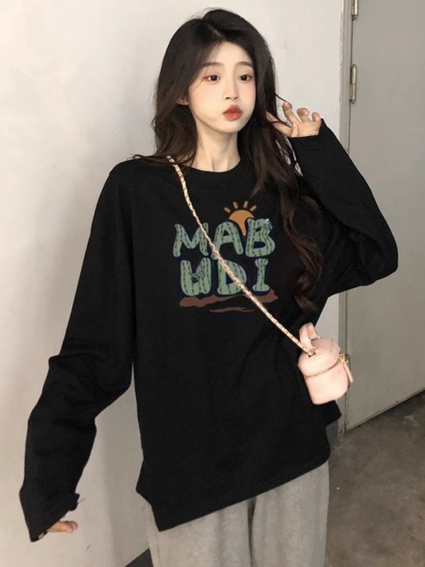棉黑色t恤女复古美式印花打底衫秋季宽松大码显瘦长袖上衣ins潮|undefined