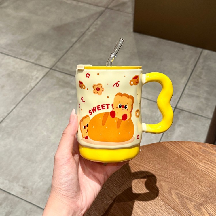 Inswind encantador toast taza de paja con tapa de cerámica taza de oficina de niñas taza de agua taza de alto valor facial taza