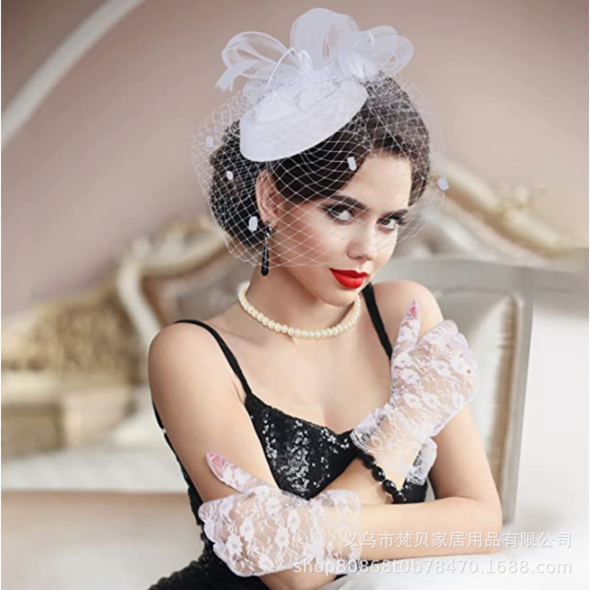 Cross-Border European and American Bridal Feather Headpiece, Mesh Hairpin, Hair Accessory, Vintage Hat, Headband, Pearl Fascinator, Veil