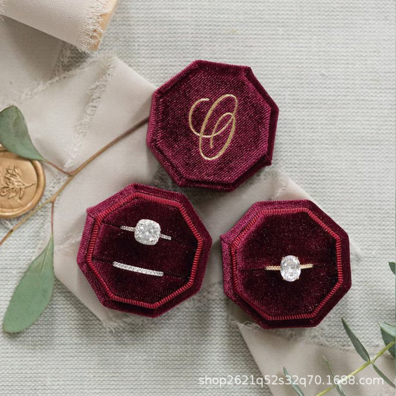 Etsy 箔押しカスタムテキスト 八角形ベルベット布製リングボックス 結婚式 婚約 プロポーズギフト 結婚祝い|undefined