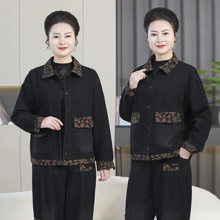 新款2026翻领大码妈妈装牛仔两件套春宽松印花套装水洗棉涤混纺