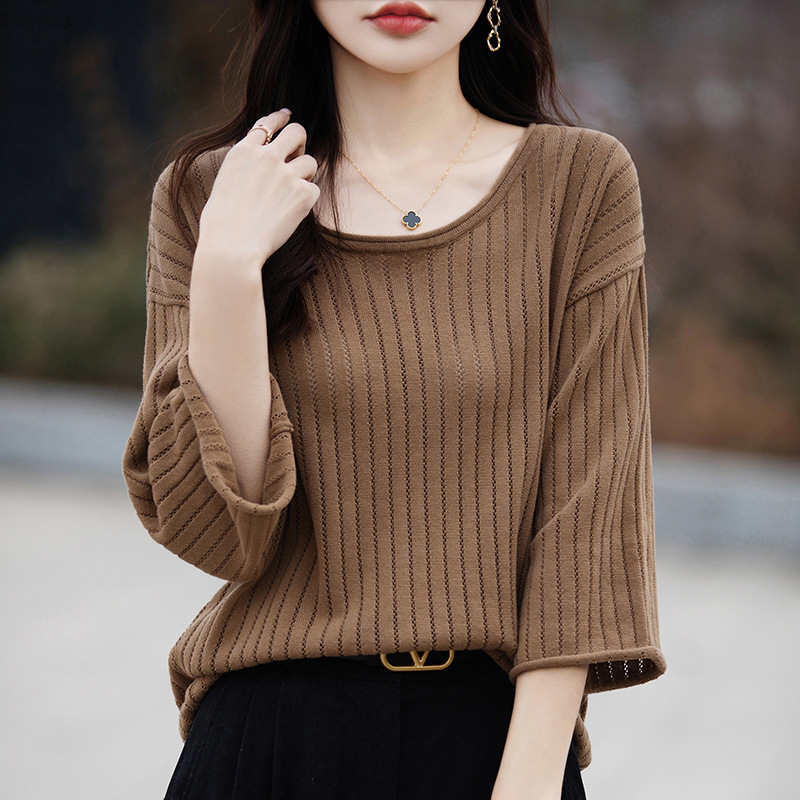 French Style Hollow Round Neck 100 Pure Cotton Line Seven-Sleeve Knitted Shirt Women's Short-Sleeved T-Shirt Loose Design Sense Elegant Top