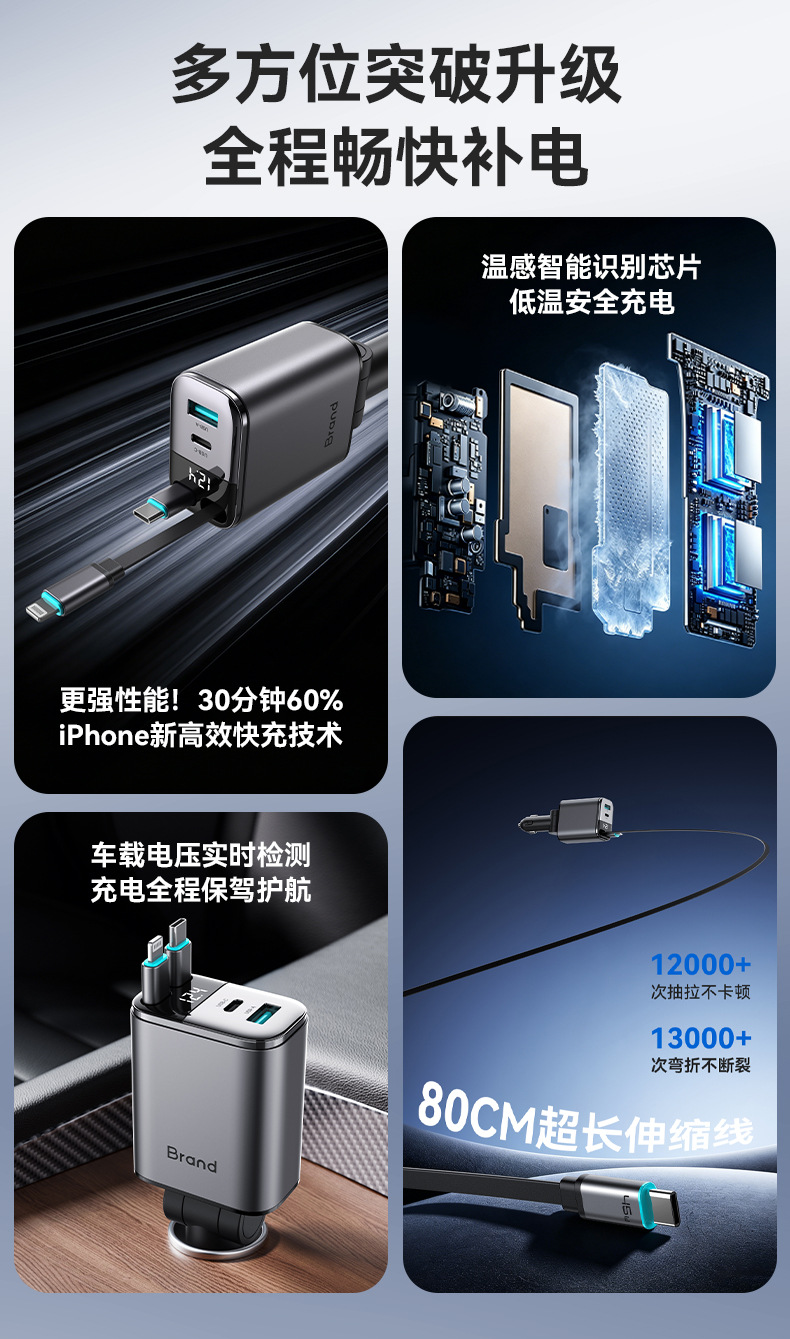 Cross-Border Car Charger 129W Super Fast Charging Independent Four-In-One Retractable Cable Digital Display Pd Fast Charging Mobile Phone Car Charger