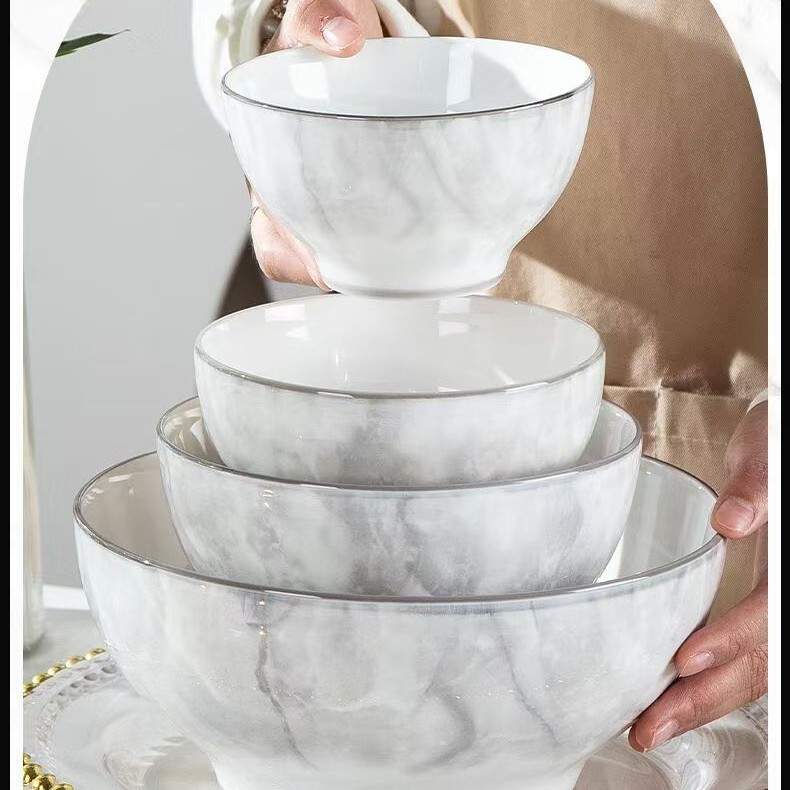 2026 New Model Bone China Marble-Patterned Ceramic Bowls and Plates with High-End Underglaze Color for Home and Commercial Use, Large Fish Plate and Bowl