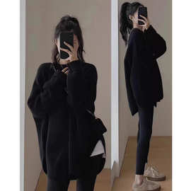 塔丹奴中长款开叉毛衣女秋冬宽松温柔慵懒上衣软糯保暖内搭针织衫