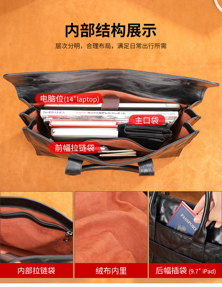Cặp da nam Malute túi xách tay công sở da bò thật dung tích lớn đựng laptop 14 inch — Màu đen vân phẳng, Màu đen chi tiết 18