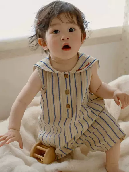 Baby Navy Collar Romper 2026 Summer Children's Striped Jumpsuit Cotton Boys Girls Comfortable One-Piece Shorts