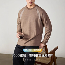 350G重磅亲肌雪花棉撞色插肩长袖T恤男士轻熟风春秋百搭休闲体恤