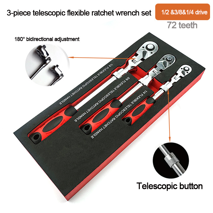 跨境3件套72 齿伸缩柔性双向快速棘轮扳手铬钒钢材质快速释放可调