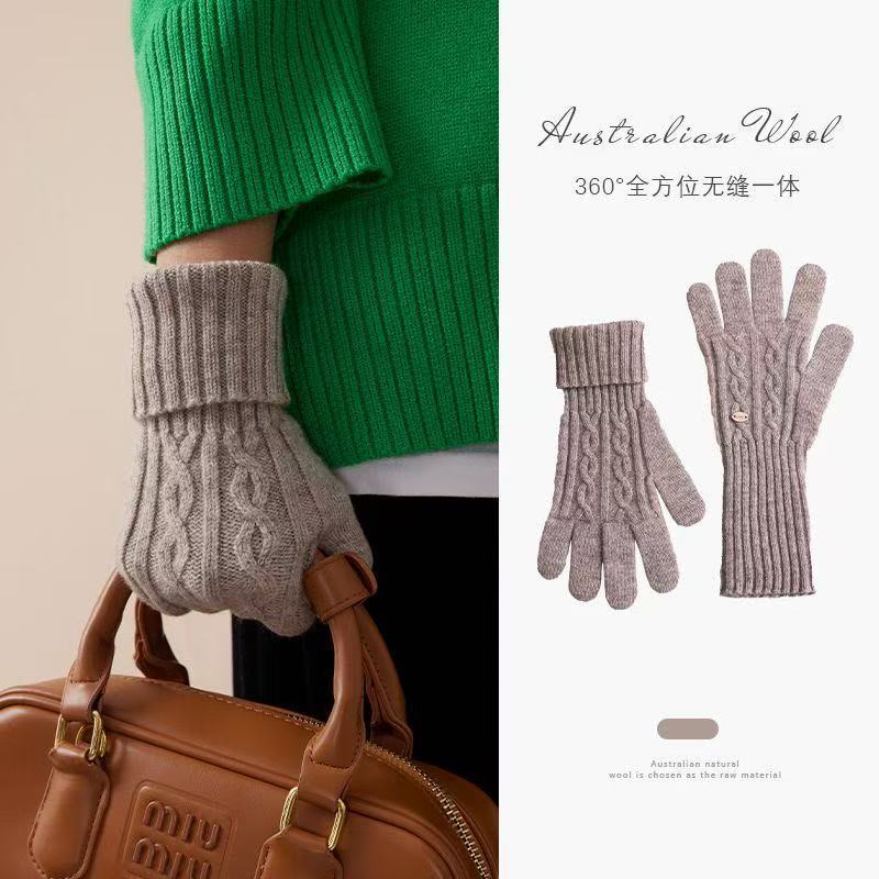 冬季轻奢潮流麻花长筒纯羊毛横机针织手套女冬季露指可触屏|undefined