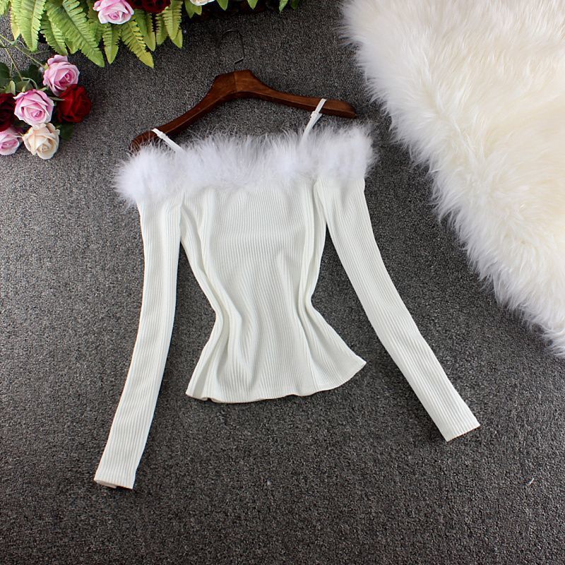 Cross-Border Wholesale Furry One-Shoulder Sexy Off-Shoulder High-End Design Versatile Pure Desire Style New Slim-Fit Top for Spring and Autumn Cross-Border Wholesale Furry One-Shoulder Sexy Off-Shoulder High-End Design Versatile Pure Desire Style New Slim-Fit Top for Spring and Autumn