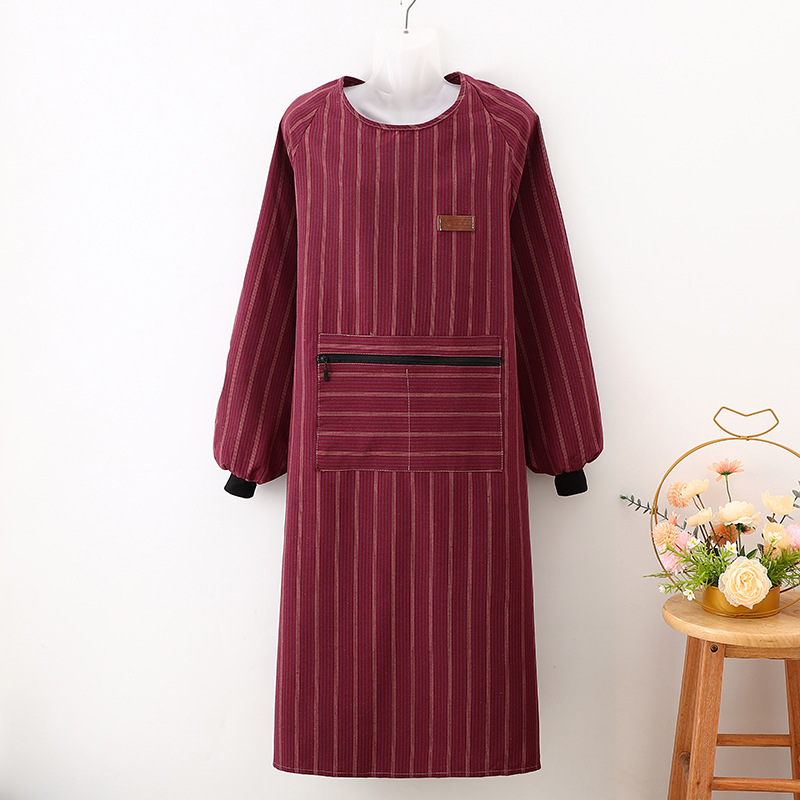 Vertical Striped Long Sleeve Apron With Large Pocket For Kitchen_voghion.com