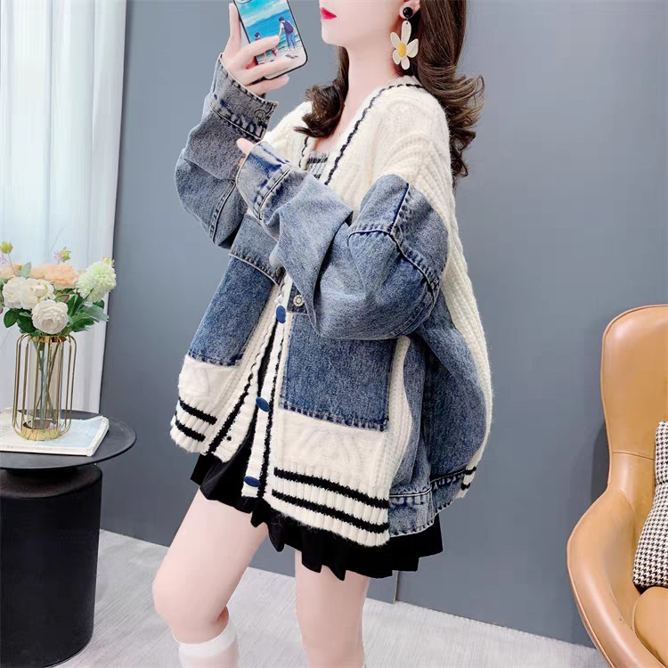 Loose Lazy Style Denim Stitching Sweater Cardigan Women's 2024 Spring and Autumn New Retro All-match Jacket Trendy