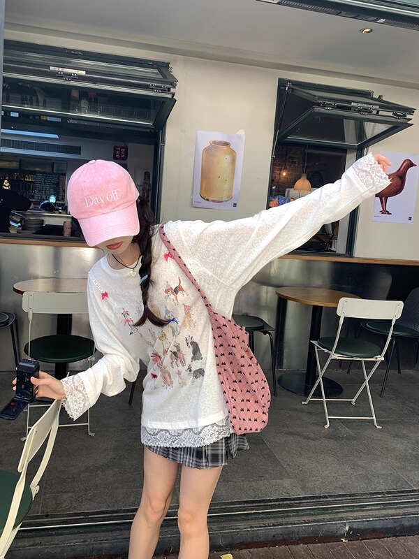 自宅工場現物レース子犬プリント長袖tシャツ女性2025春新型日焼け止め上着潮|undefined