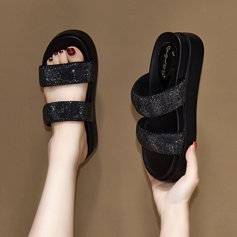 Dép sandal nữ quai ngang đế xuồng platform đính đá — Màu đen