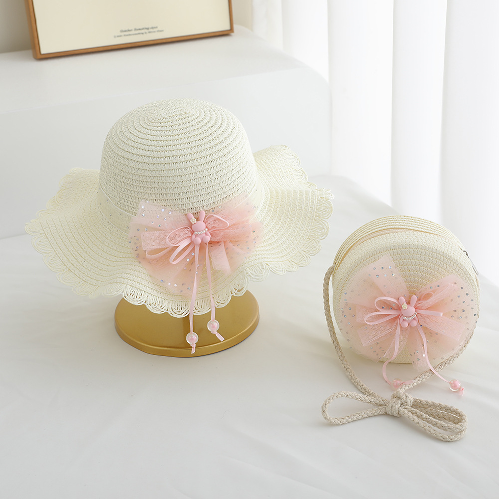 Verano nuevo sombrero para niños sombreado sombrero de paja bolso de dos piezas lindo encaje flor niña sombrero de playa al por mayor