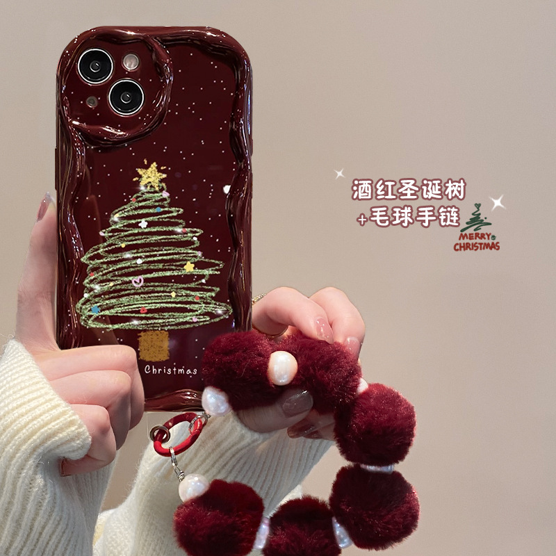 suitable for apple 15 phone case iphone14promax/13 christmas tree plush bracelet 11/12 silicone drop-resistant