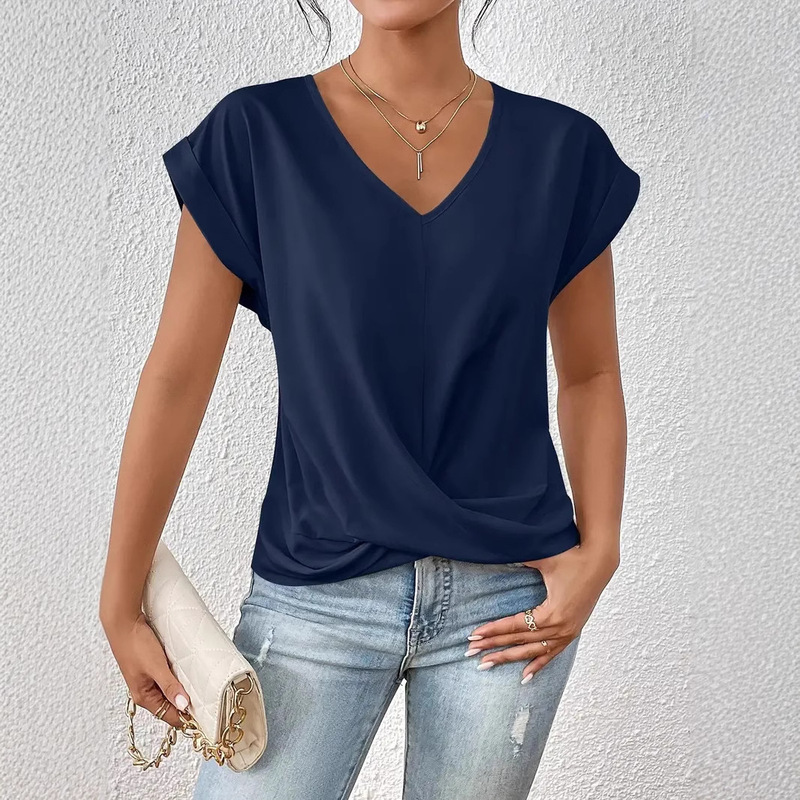 Amazon Cross-border 2025 Spring and Summer European and American Women's Exquisite Solid Color V-neck T-shirt Irregular Knot Top Women