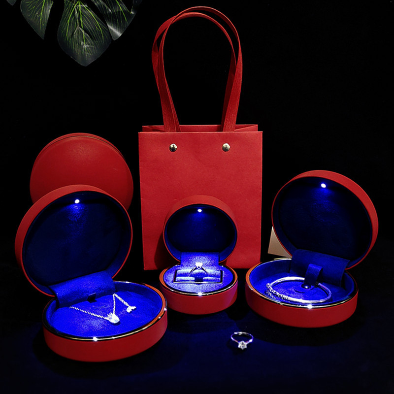 半圆LED灯PU首饰盒轻奢高端戒指项链手镯翡翠饰品礼物空包装精致