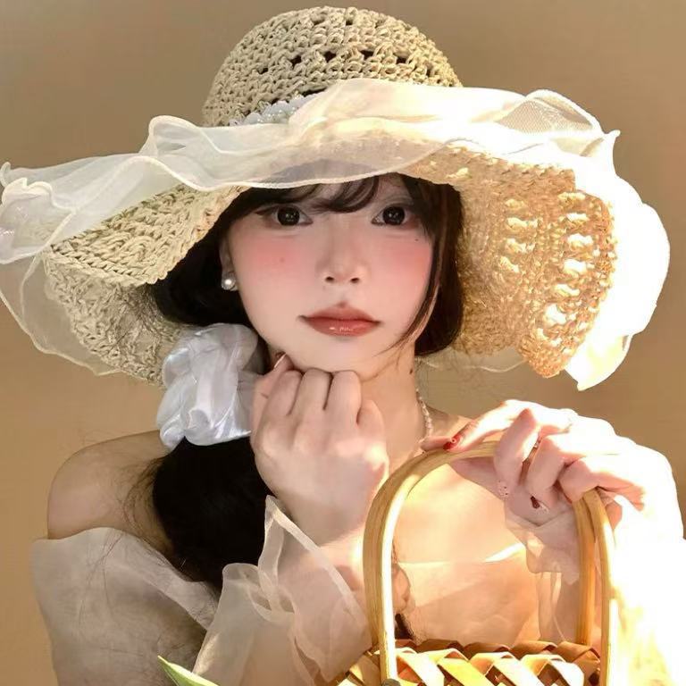 레이스 진주 밀짚모자 - 베이지