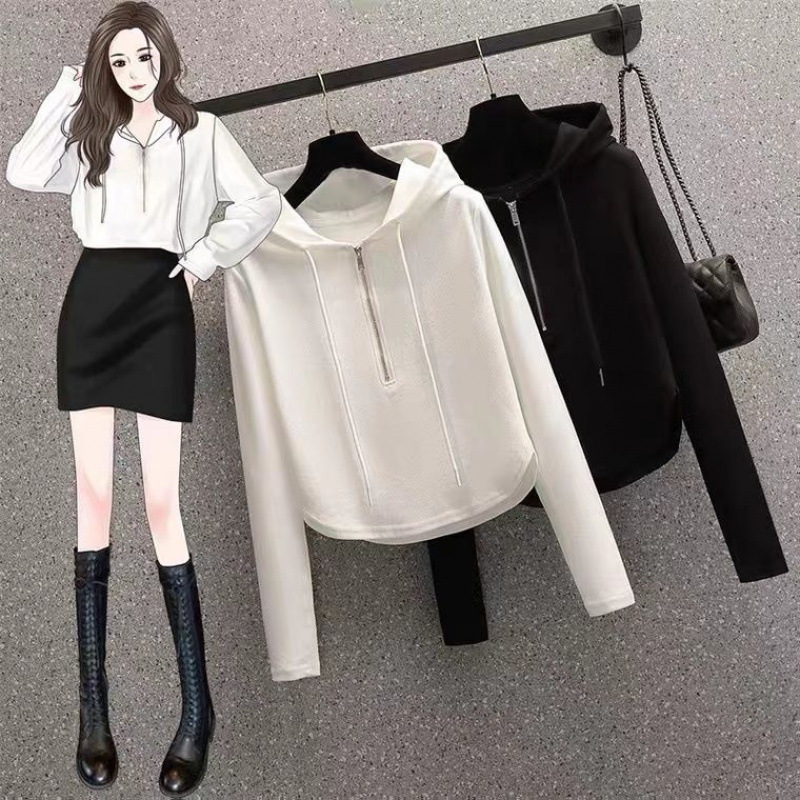 Large Size Hooded Sweatshirt Women's Spring and Autumn 2024 New Arrival All-Match Loose Korean Style Chubby Women's Short Long Sleeve Top