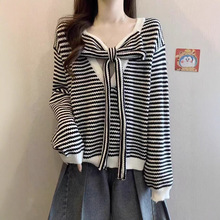 双面可穿别致时尚针织衫女2025秋季小众韩版宽松条纹蝴蝶结毛衣女