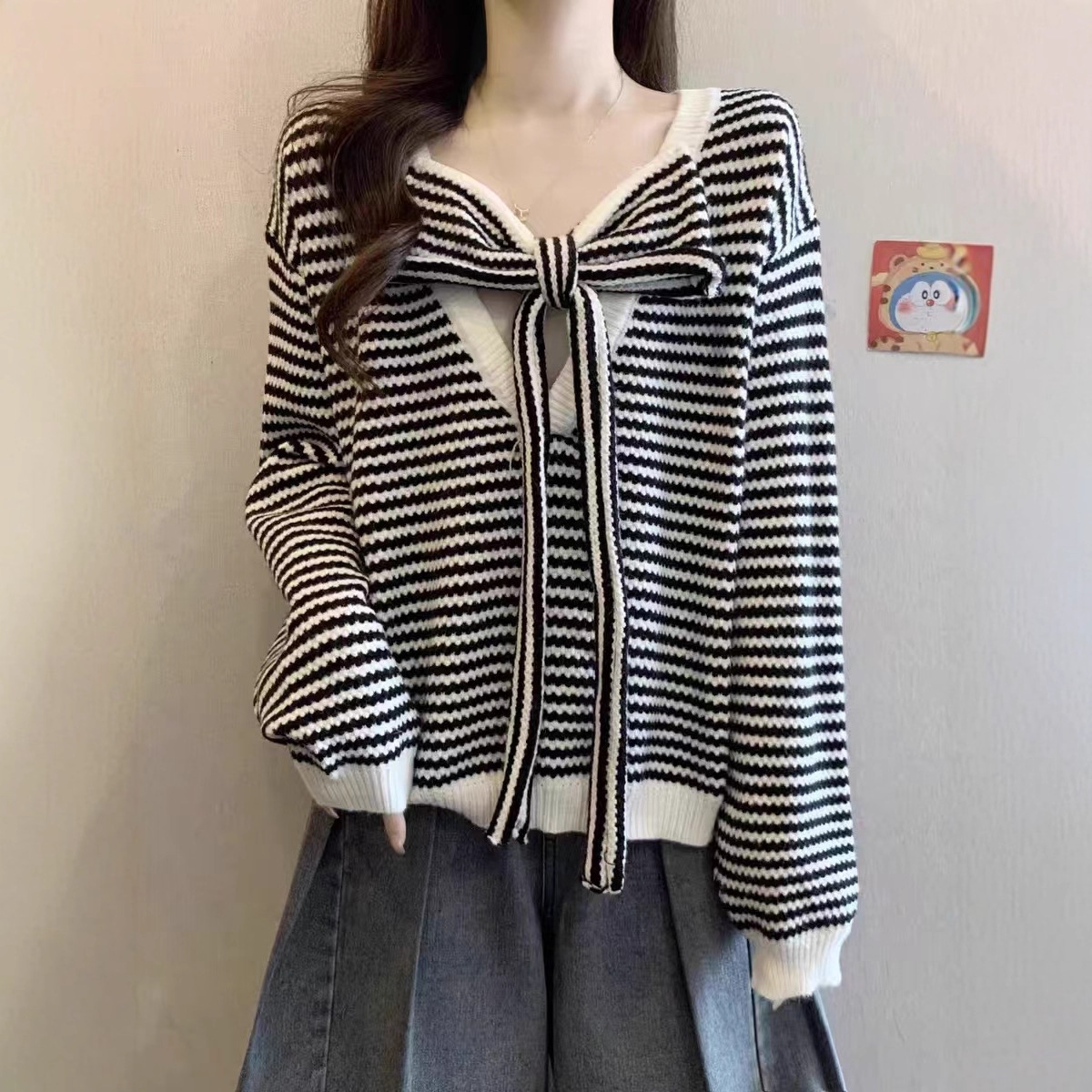 双面可穿别致时尚针织衫女2025秋季小众韩版宽松条纹蝴蝶结毛衣女