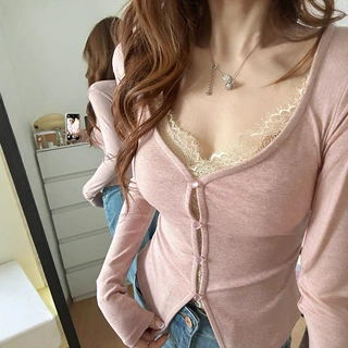 春秋季女装新款BM辣妹纯欲修身欧美风蕾丝假两件V领长袖T恤上衣