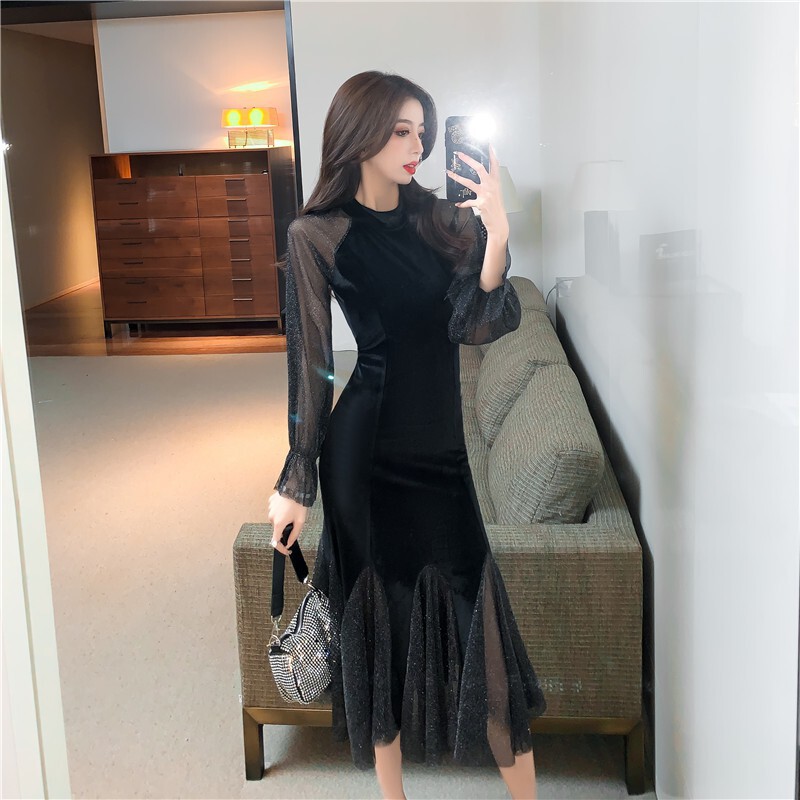 French Hepburn style small silver silk bell sleeve velvet long fishtail skirt cross-border women's autumn new dress