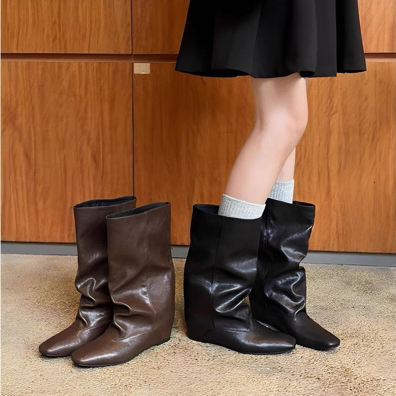 Grape Mom's style 5cm inner height-increasing women's square-toe loose-fitting ruffled mid-calf fashion boots