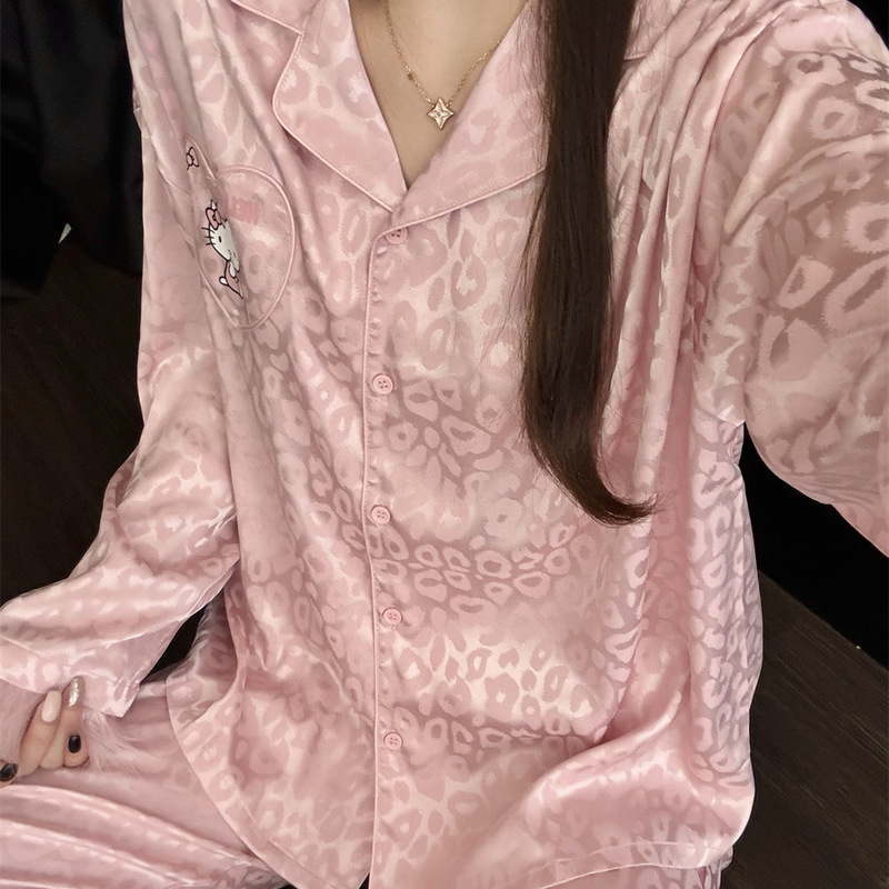 纯欲甜美卡通Kitty豹纹提花睡衣女秋季新款可爱粉宽松家居服套装|undefined