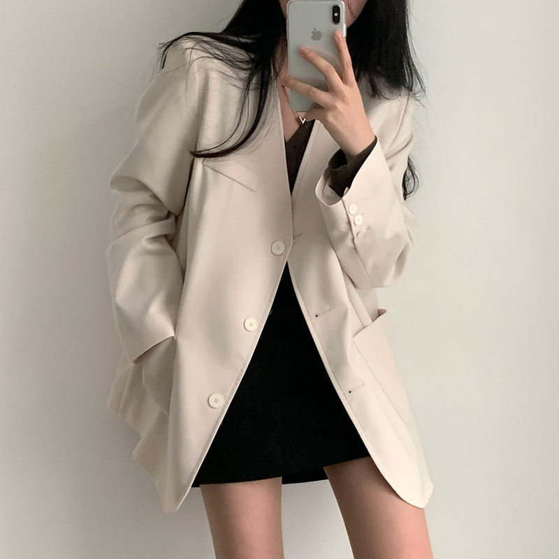 Korean Chic Autumn New French-Style High-End V-Neck Blazer for Women, Loose Casual Solid Color Suit Jacket for Women