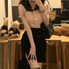 夏日甜心派辣妹可爱水手领短衬衫2024新款黑色高腰包臀裙韩式套装