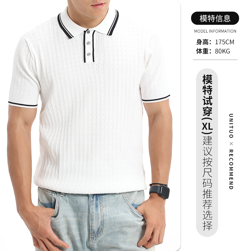 Europa y Estados Unidos transfronterizos hombres collar de color contrastante hielo de punto polo camisa de manga corta de negocios casual alta sensación de ropa de hombre