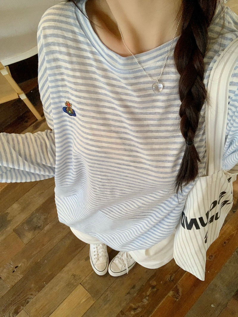 夏の日焼け止めカバーアップ、女の子向けのかわいい万能ストライプ長袖Tシャツ、女性用薄手ゆったり日焼け止めトップス