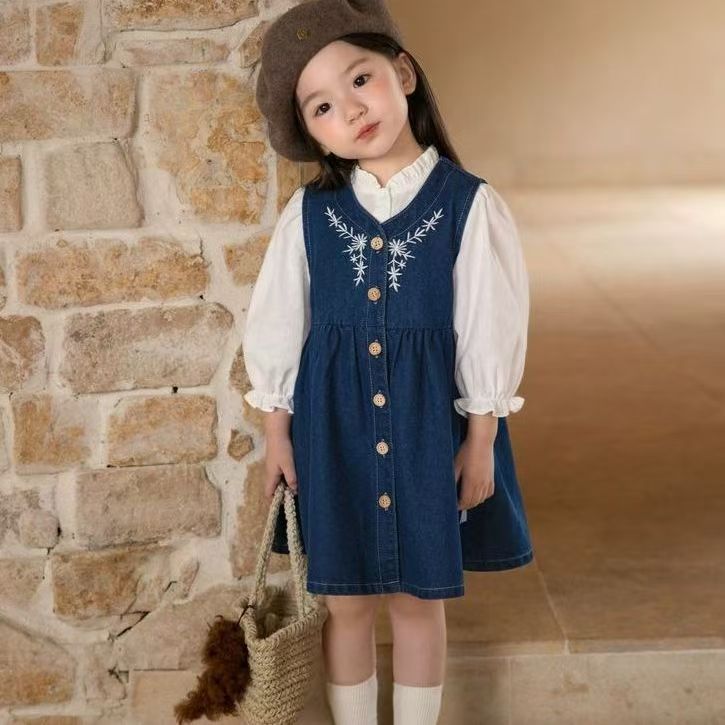 Girls' dress suit Baby Denim Skirt 2025 Spring and Autumn New Children's Shirt Little Girl Embroidered Vip Skirt